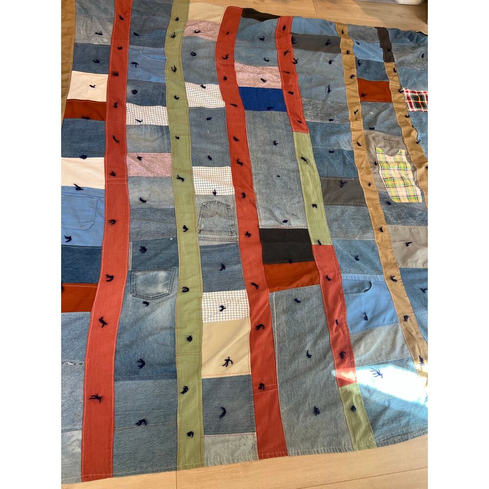 Handmade Denim Patchwork Quilt Upcycled Functional Pockets 86x89"